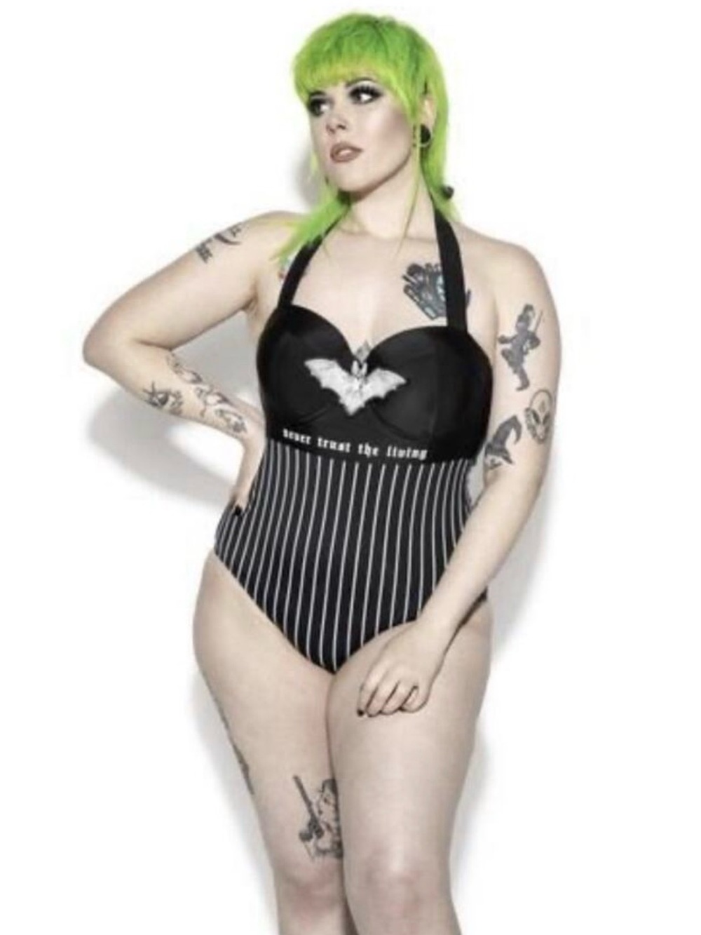 Blackcraft Pinstripe One-Piece Swimsuit with Bat